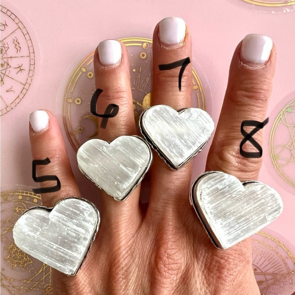 925 RAW Selenite Heart Crystal Charge Ring 5 6 7 8 9 10.5 - Picture 8 of 9
